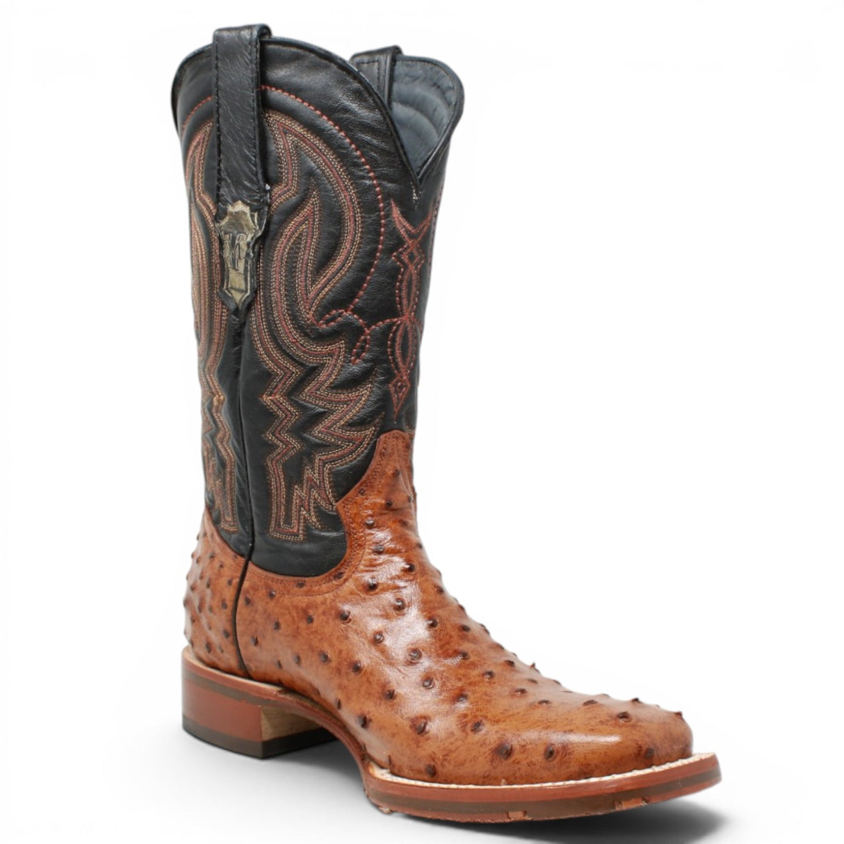 Men's Ostrich Print Square Toe Boots in Rustic Cognac - Tanner Mark Boots