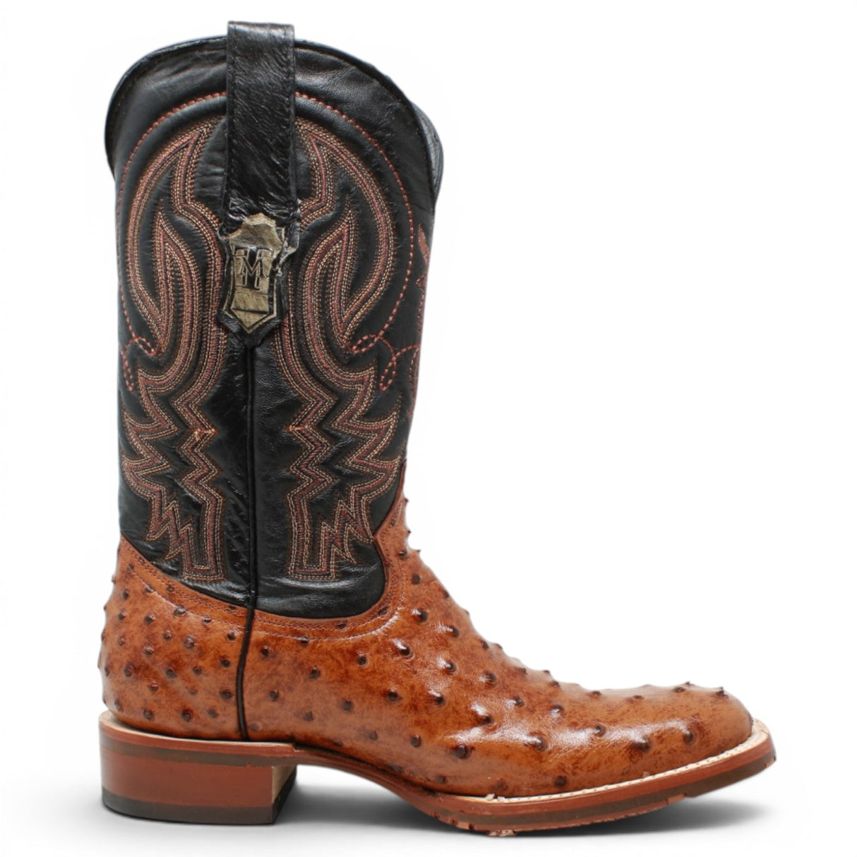 Men's Ostrich Print Square Toe Boots in Rustic Cognac - Tanner Mark Boots