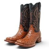 Men's Ostrich Print Square Toe Boots in Rustic Cognac - Tanner Mark Boots