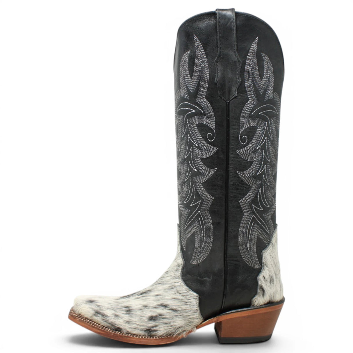 Women's Triad Hair on Cowhide Leather Snip Toe Tall Boots in Black and White - Tanner Mark Boots