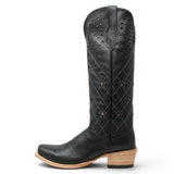 Women's Leather with Diamond Stitch & Star Inlay Square Toe Boots in Black - Tanner Mark Boots