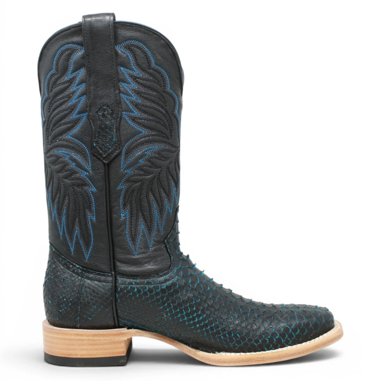 Men's Genuine Python Square Toe Boots in Blue with Black - Tanner Mark Boots