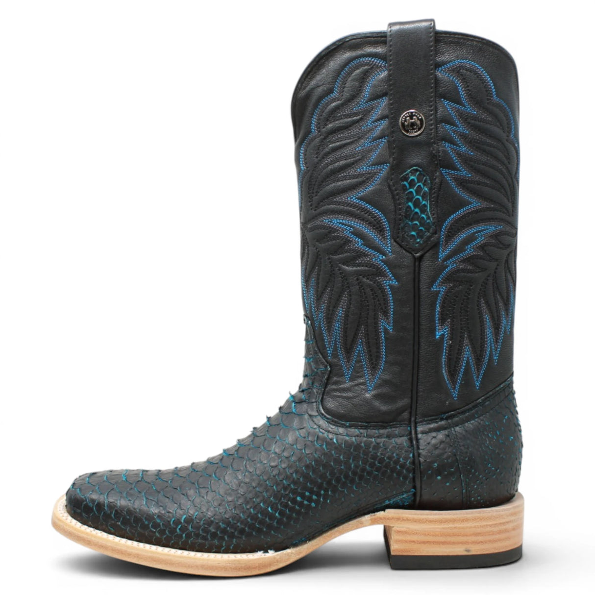 Men's Genuine Python Square Toe Boots in Blue with Black - Tanner Mark Boots