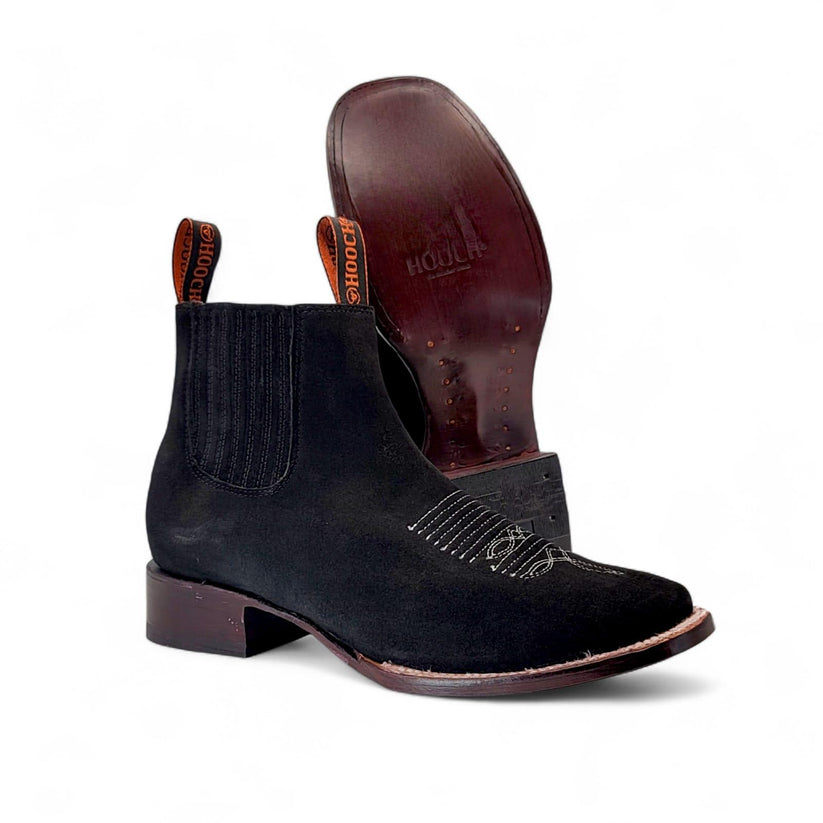 Botin vaquero para mujer punta cuadrada de piel nobuck color negro horma ancha Hooch Boots H22P8205