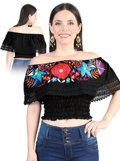 Artisanal Embroidered Blouse 100% Cotton Black 603982 - Diana Zapateria Inc