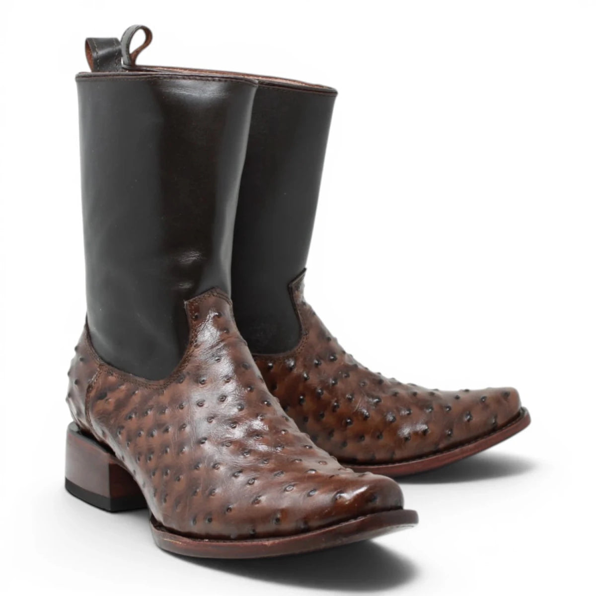 Quincy Men's Ostrich Print Dubai Square Toe Short Boot with Zipper - Brown - Pair Side View