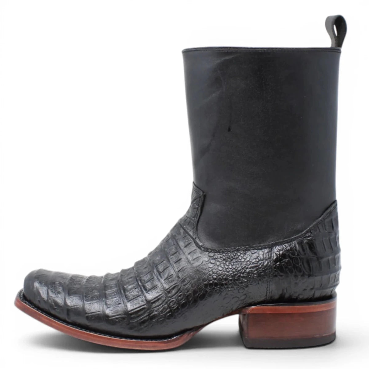 Quincy Men´s Caiman Belly Print Square Toe Dubai Short Boots with Zipper - Black - Left Side View