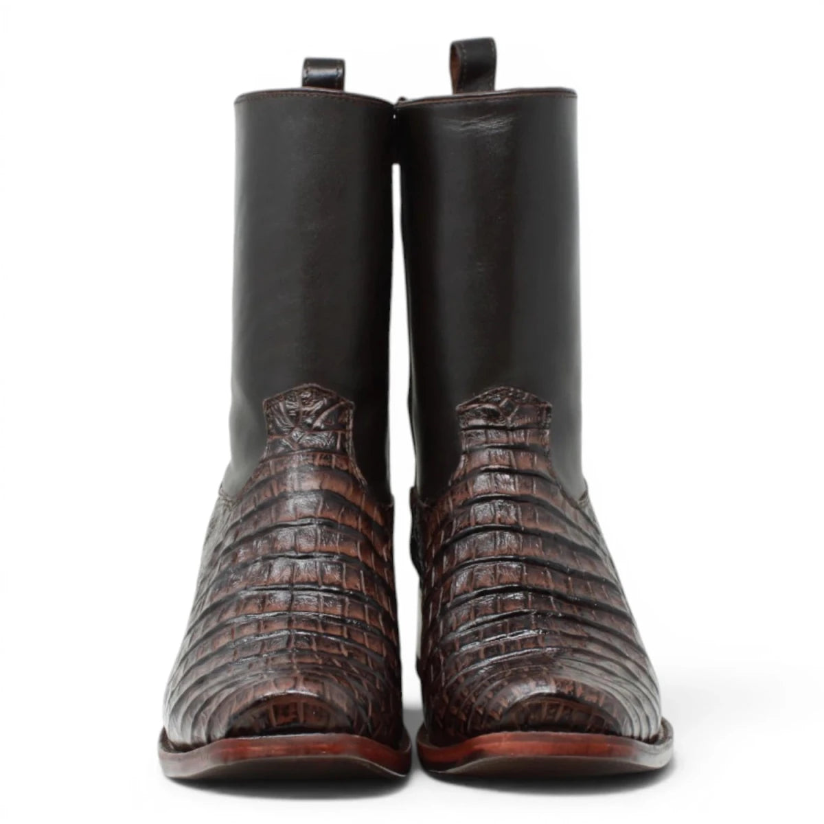 Quincy Men´s Caiman Belly Print Square Toe Dubai Short Boots with Zipper - Brown - Pair Front View