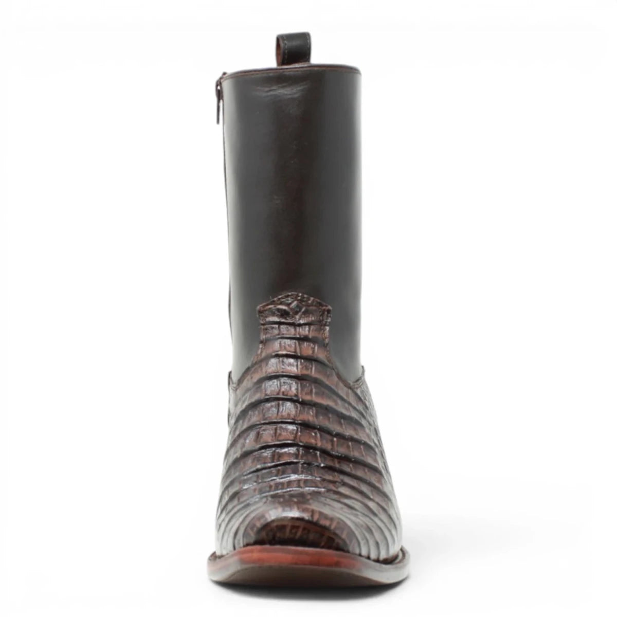 Quincy Men´s Caiman Belly Print Square Toe Dubai Short Boots with Zipper - Brown - Front View