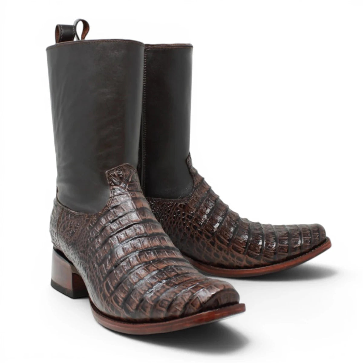 Quincy Men´s Caiman Belly Print Square Toe Dubai Short Boots with Zipper - Brown - Pair Side View