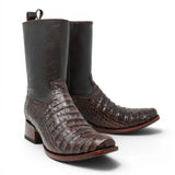 Quincy Men´s Caiman Belly Print Square Toe Dubai Short Boots with Zipper - Brown - Pair Side View