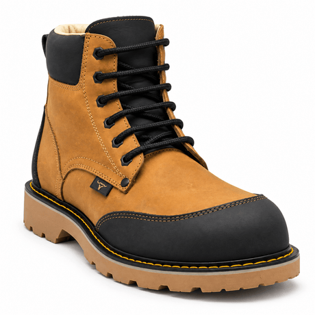 Bota de Trabajo de 6" para Hombre Punta Moc de Piel Genuina Color Miel y Negro con Suela de Hule Resistente a Aceite y Acido – Hooch Boots H60351 - Hooch