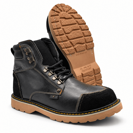 Bota de Trabajo para Hombre de Piel Genuina Color Negro con Suela Tipo Tractor de Hule Resistente a Aceite y Acido – Hooch Boots H70405 - Hooch