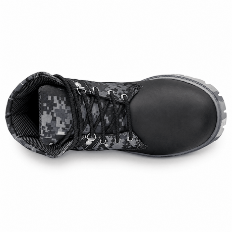 Bota de Trabajo para Hombre Punta Redonda de Piel Genuina con Paneles Camuflaje Digital Color Negro con Suela Tipo Tractor de Hule – Hooch Boots H70209 - Hooch
