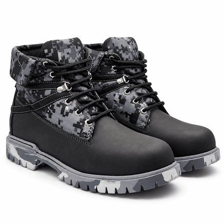 Bota de Trabajo para Hombre Punta Redonda de Piel Genuina con Paneles Camuflaje Digital Color Negro con Suela Tipo Tractor de Hule – Hooch Boots H70209 - Hooch