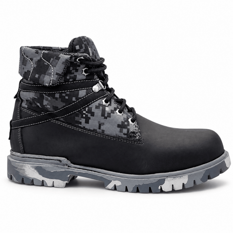 Bota de Trabajo para Hombre Punta Redonda de Piel Genuina con Paneles Camuflaje Digital Color Negro con Suela Tipo Tractor de Hule – Hooch Boots H70209 - Hooch