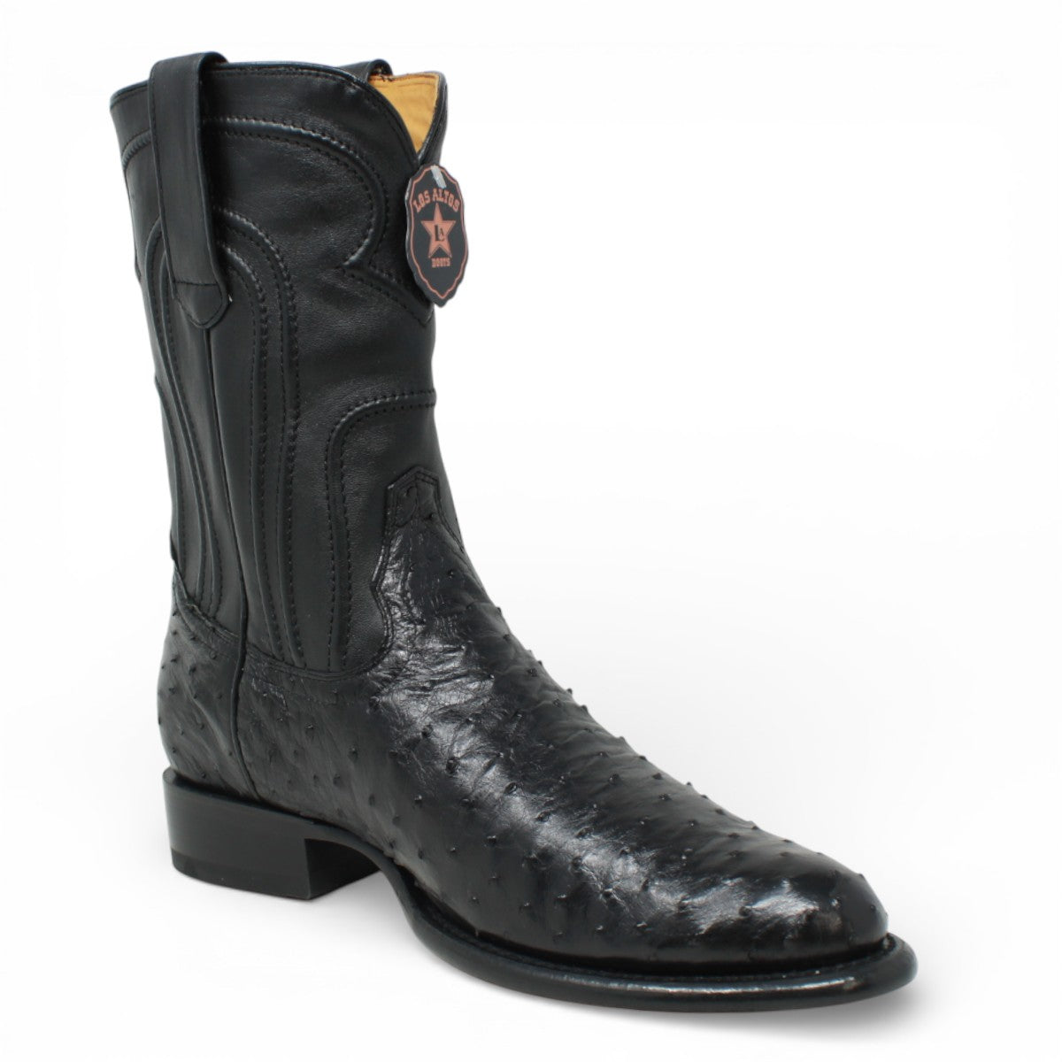 Original Ostrich Boots Round Toe Roper Black Color - Los 