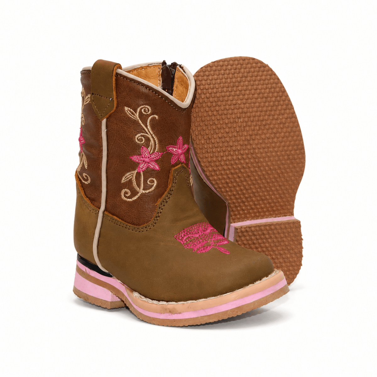 Bota Vaquera para Bebe Niña Punta Cuadrada de Piel Genuina Color Cafe con Bordado Floral – Hooch Boots H511 - Hooch Boots