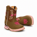 Bota Vaquera para Bebe Niña Punta Cuadrada de Piel Genuina Color Cafe con Bordado Floral – Hooch Boots H511 - Hooch Boots