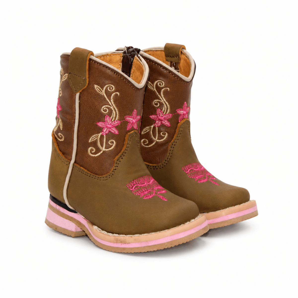 Bota Vaquera para Bebe Niña Punta Cuadrada de Piel Genuina Color Cafe con Bordado Floral – Hooch Boots H511 - Hooch Boots