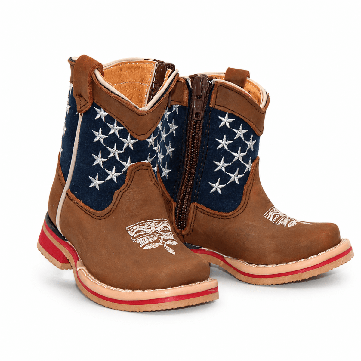 Bota Vaquera para Bebe Niño Edicion Patriot Punta Cuadrada de Piel Genuina Color Cafe con Suela de Hule – Hooch Boots H514 - Hooch Boots