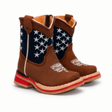 Bota Vaquera para Bebe Niño Edicion Patriot Punta Cuadrada de Piel Genuina Color Cafe con Suela de Hule – Hooch Boots H514 - Hooch Boots