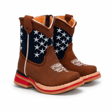 Bota Vaquera para Bebe Niño Edicion Patriot Punta Cuadrada de Piel Genuina Color Cafe con Suela de Hule – Hooch Boots H514 - Hooch Boots
