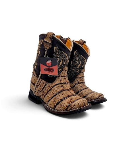 Bota Vaquera para Bebe Punta Cuadrada de Piel Genuina Grabado Tipo Panza de Caiman Color Orix con Cierre Lateral – Hooch Boots H540 - Hooch Boots