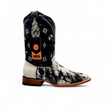 Bota Vaquera para Hombre de Piel Vacuno con Pelo Natural Blanco y Negro Punta Cuadrada – Hooch Boots - Hooch Boots