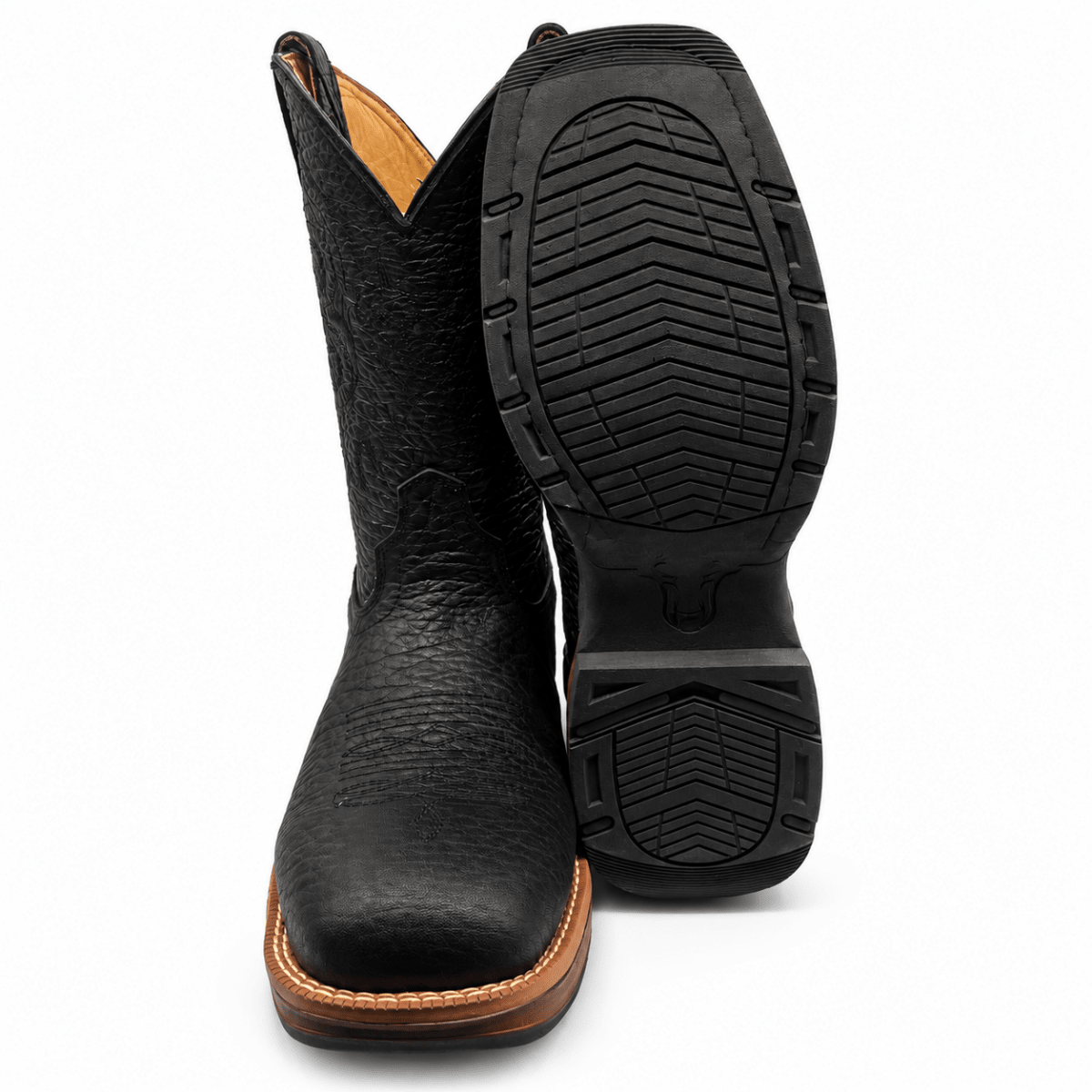 Bota Vaquera para Hombre Punta Cuadrada de Piel Bull Shoulder Color Negro con Suela de Hule – Hooch Boots H52W0583 - Hooch Boots