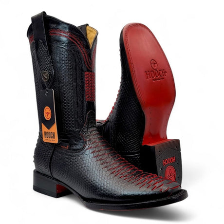 Bota Vaquera para Hombre Punta Cuadrada de Piel Genuina Grabado Tipo Python Color Rojo con Suela de Piel – Hooch Boots H526318 - Hooch Boots