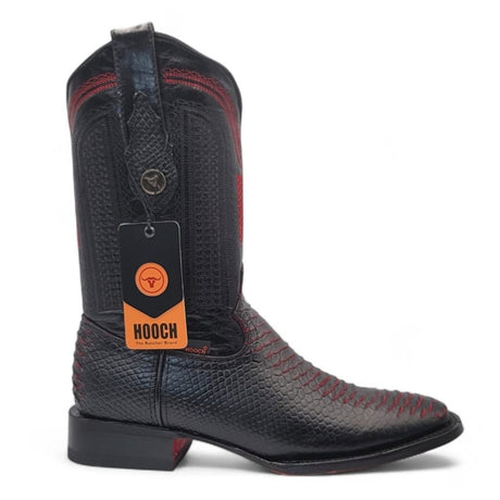 Bota Vaquera para Hombre Punta Cuadrada de Piel Genuina Grabado Tipo Python Color Rojo con Suela de Piel – Hooch Boots H526318 - Hooch Boots