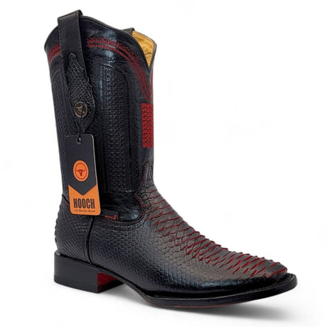 Bota Vaquera para Hombre Punta Cuadrada de Piel Genuina Grabado Tipo Python Color Rojo con Suela de Piel – Hooch Boots H526318 - Hooch Boots