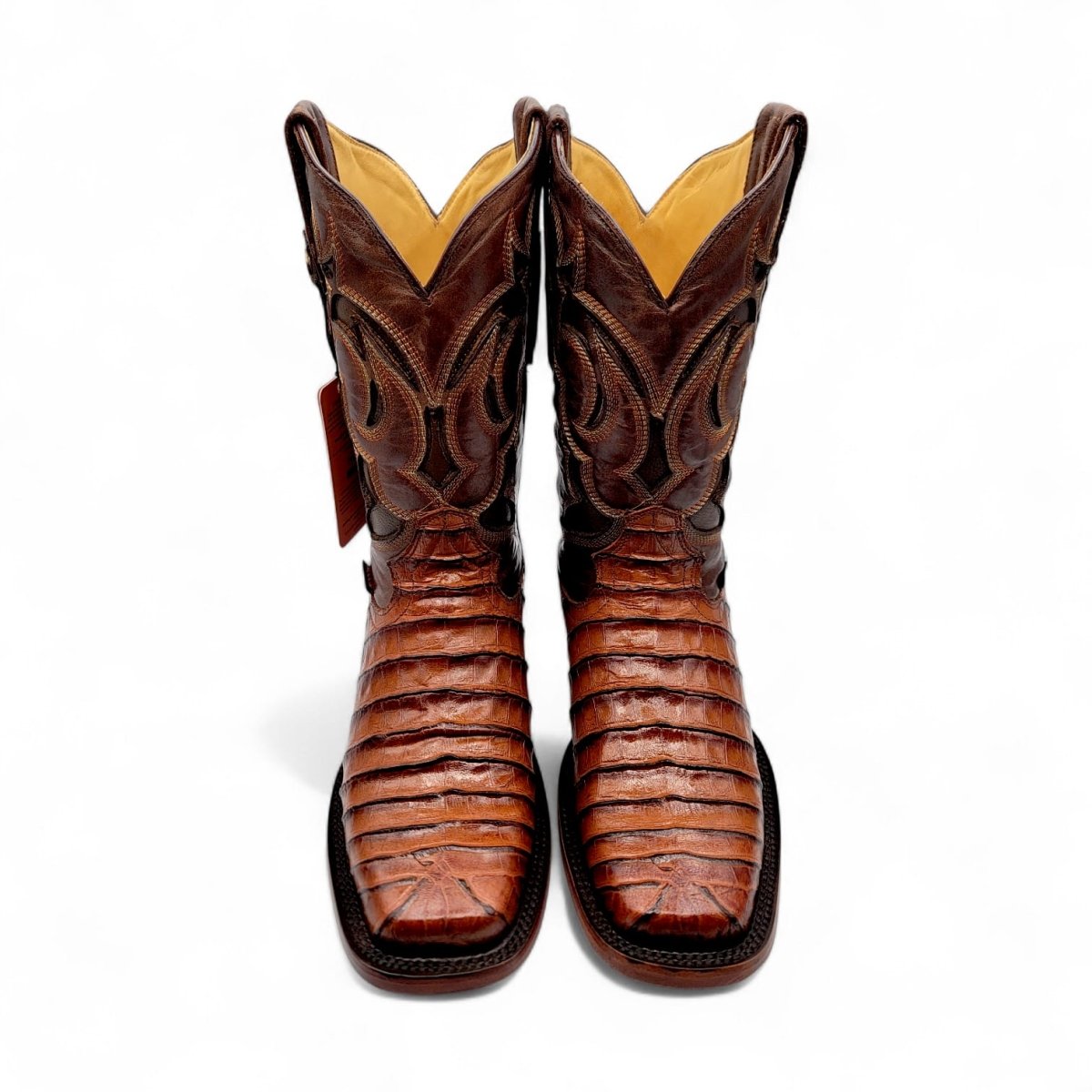 Caiman Belly Leather Engraved Boots with Wide Square Toe in Cognac Color – Hooch Boots - Pair Top View