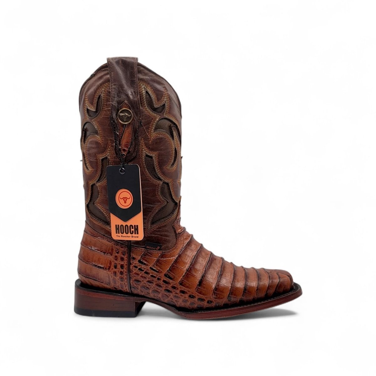 Caiman Belly Leather Engraved Boots with Wide Square Toe in Cognac Color – Hooch Boots - Right Side View