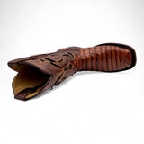 Caiman Belly Leather Engraved Boots with Wide Square Toe in Cognac Color – Hooch Boots - Top View