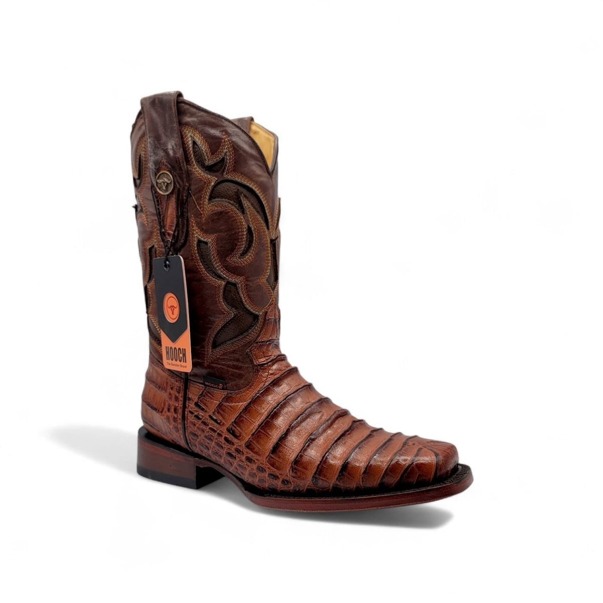 Caiman Belly Leather Engraved Boots with Wide Square Toe in Cognac Color – Hooch Boots - Side View