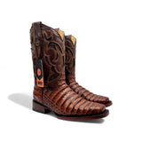 Caiman Belly Leather Engraved Boots with Wide Square Toe in Cognac Color – Hooch Boots - Pair Side View