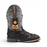 Bota Vaquera para Hombre Punta Cuadrada Grabado Tipo Pirarucu Color Negro con Suela de Hule – Hooch Boots H520572 - Hooch