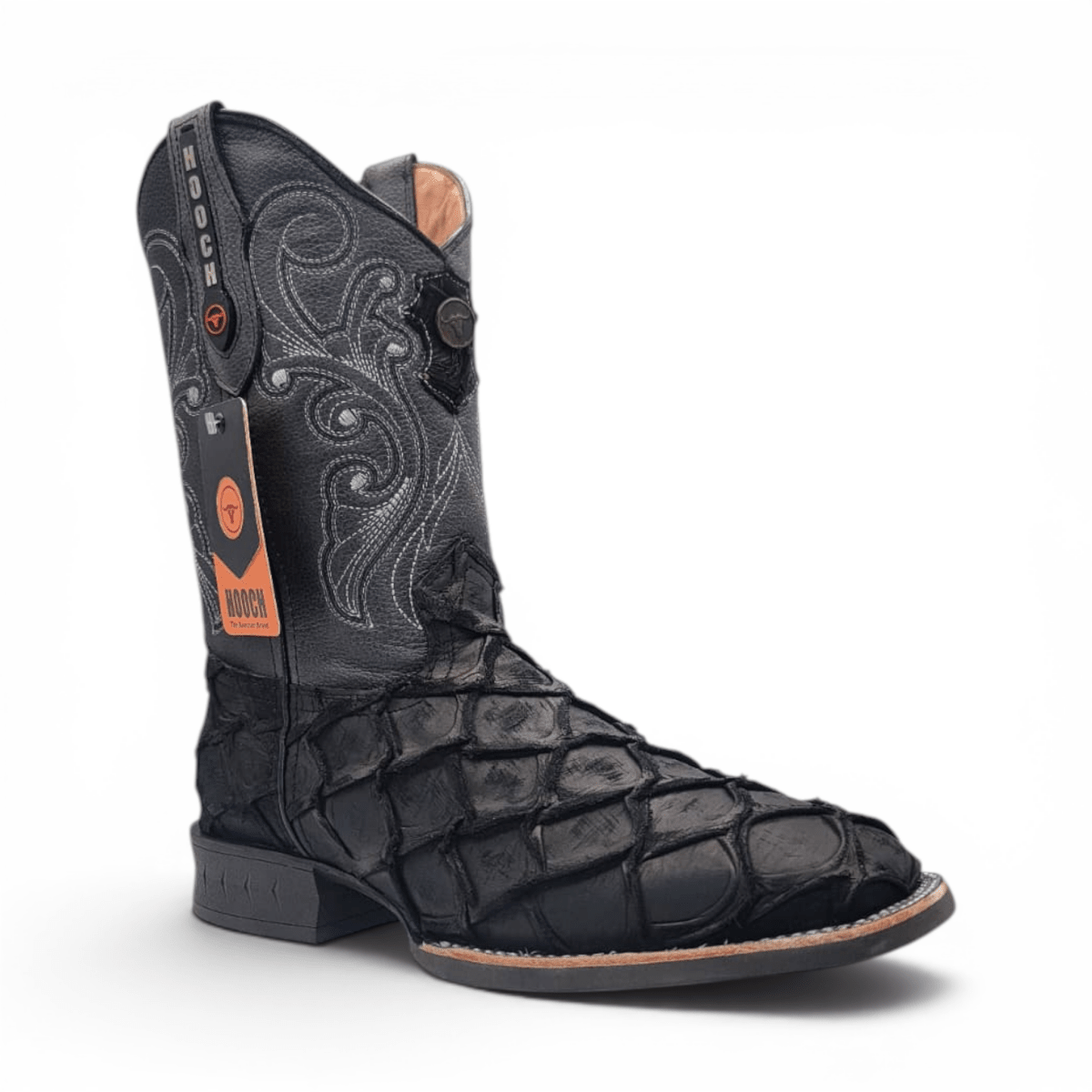 Bota Vaquera para Hombre Punta Cuadrada Grabado Tipo Pirarucu Color Negro con Suela de Hule – Hooch Boots H520572 - Hooch