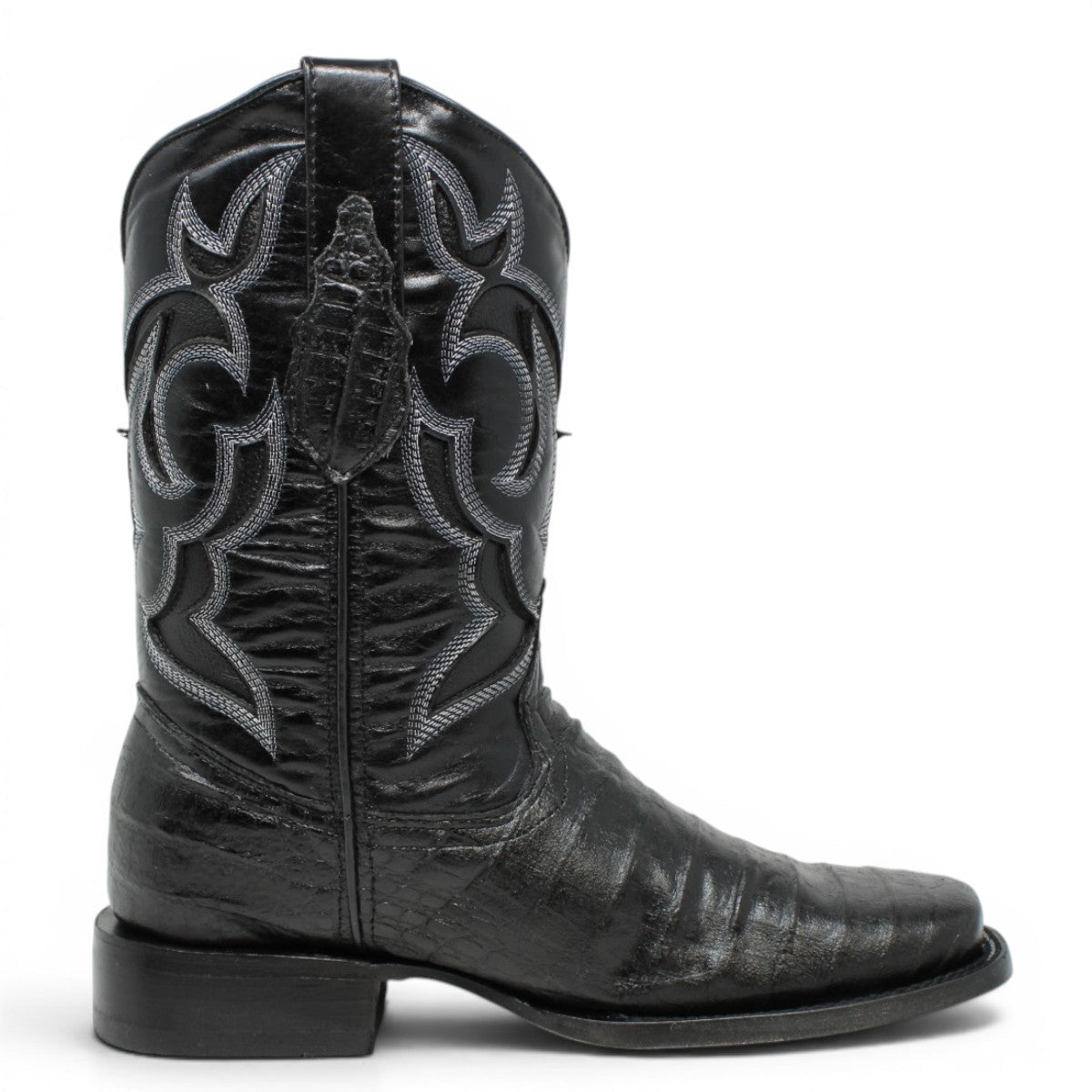 Bota Vaquera para Hombre Punta Rodeo Grabado Tipo Caiman Belly Color Negro de Piel Genuina – Hooch Boots H510573 - Hooch