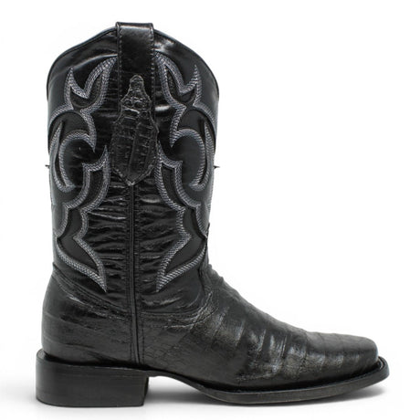 Bota Vaquera para Hombre Punta Rodeo Grabado Tipo Caiman Belly Color Negro de Piel Genuina – Hooch Boots H510573 - Hooch