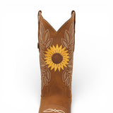 Bota Vaquera para Mujer de Piel Color Tan con Bordado de Girasoles y Punta Cuadrada – Hooch Boots H60131 - Hooch