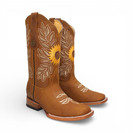 Bota Vaquera para Mujer de Piel Color Tan con Bordado de Girasoles y Punta Cuadrada – Hooch Boots H60131 - Hooch