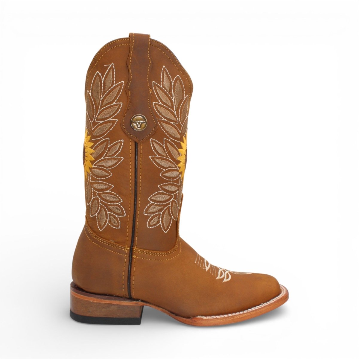 Bota Vaquera para Mujer de Piel Color Tan con Bordado de Girasoles y Punta Cuadrada – Hooch Boots H60131 - Hooch