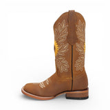 Bota Vaquera para Mujer de Piel Color Tan con Bordado de Girasoles y Punta Cuadrada – Hooch Boots H60131 - Hooch