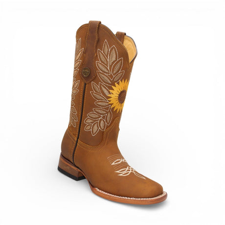 Bota Vaquera para Mujer de Piel Color Tan con Bordado de Girasoles y Punta Cuadrada – Hooch Boots H60131 - Hooch