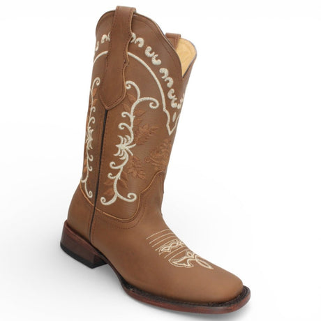 Bota Vaquera para Mujer de Piel con Tubo Bordado y Punta Cuadrada Color Tan – Hooch Boots H222631 - Hooch Boots