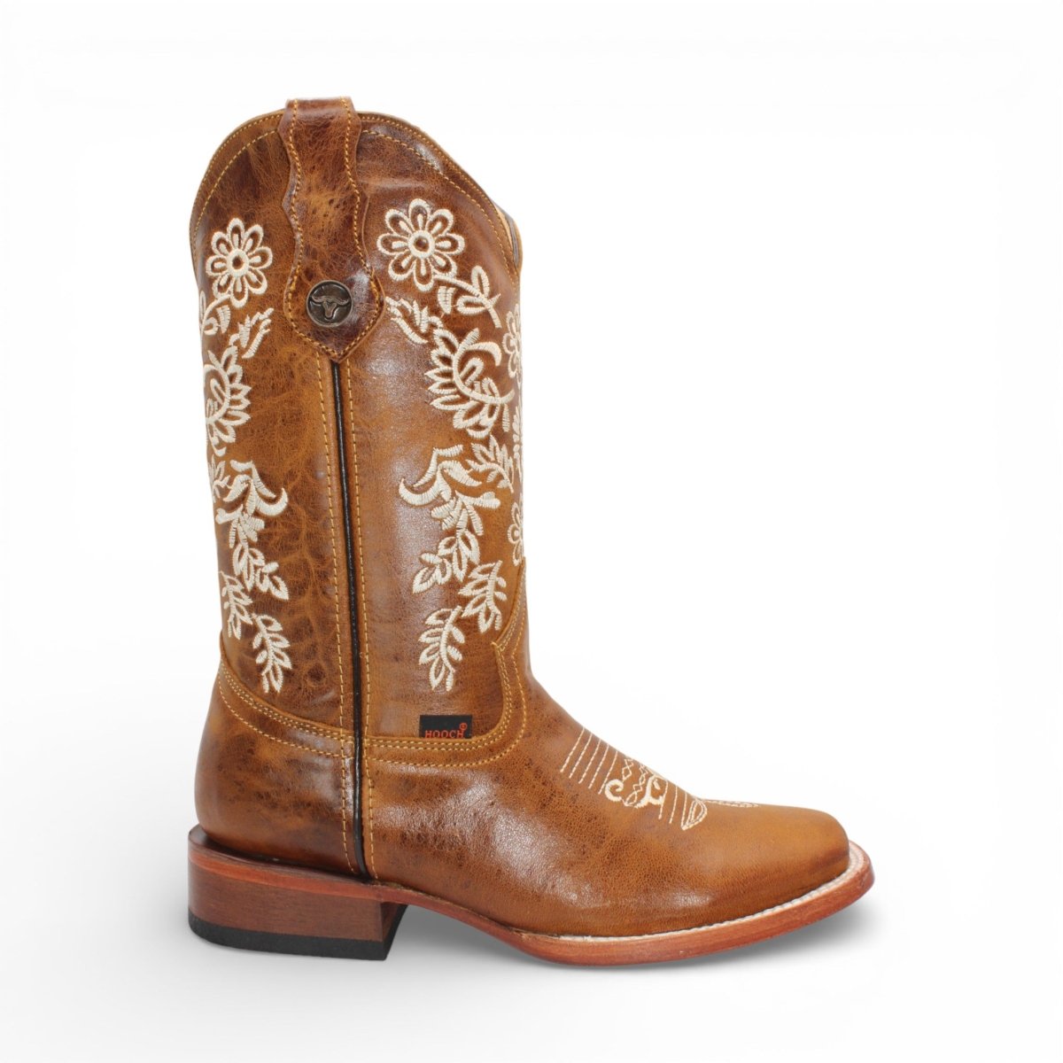 Bota Vaquera para Mujer de Piel Crazy Color Honey con Bordado de Flores Blancas y Punta Cuadrada – Hooch Boots H227251 - Hooch