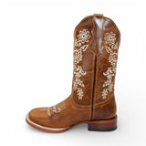 Bota Vaquera para Mujer de Piel Crazy Color Honey con Bordado de Flores Blancas y Punta Cuadrada – Hooch Boots H227251 - Hooch